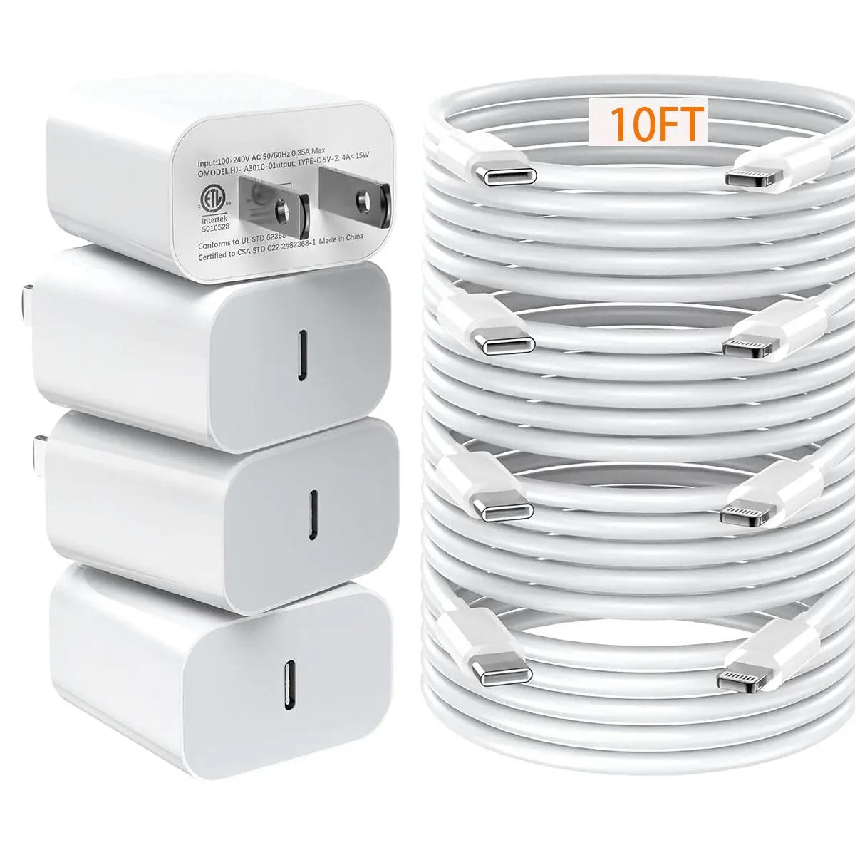 4 Pack 20W USB-C iPhone Fast Charger with Lightning Cable - [MFi Certified] Fast Charger for iPhone 14/14 Pro Max/13/13 Pro/12/12 Pro/11/11 Pro/XS