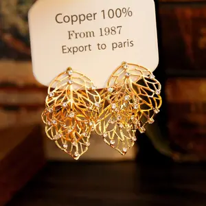 Reversible 2-Way Leaf CZ Drop Earrings, 18K Gold Plated Dainty Luxury Statement Earrings