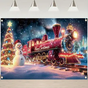 Christmas 2D Flat Banner, Red & White Snowy Landscape with Decorated Tree, Durable Polyester Photo Backdrop, 4 Holes for Easy Hanging, Indoor/Outdoor Holiday Home Wall & Party Decoration