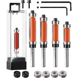 4 count Flush Trim Router Bit Set 1/4" Shank, Top & Bottom Bearing, Carbide Template Guide Bits for Woodworking - 1/2" Diameter, 3/4", 1", 1-1/4", 1-1/2"  Length with Wrenches & Bearings