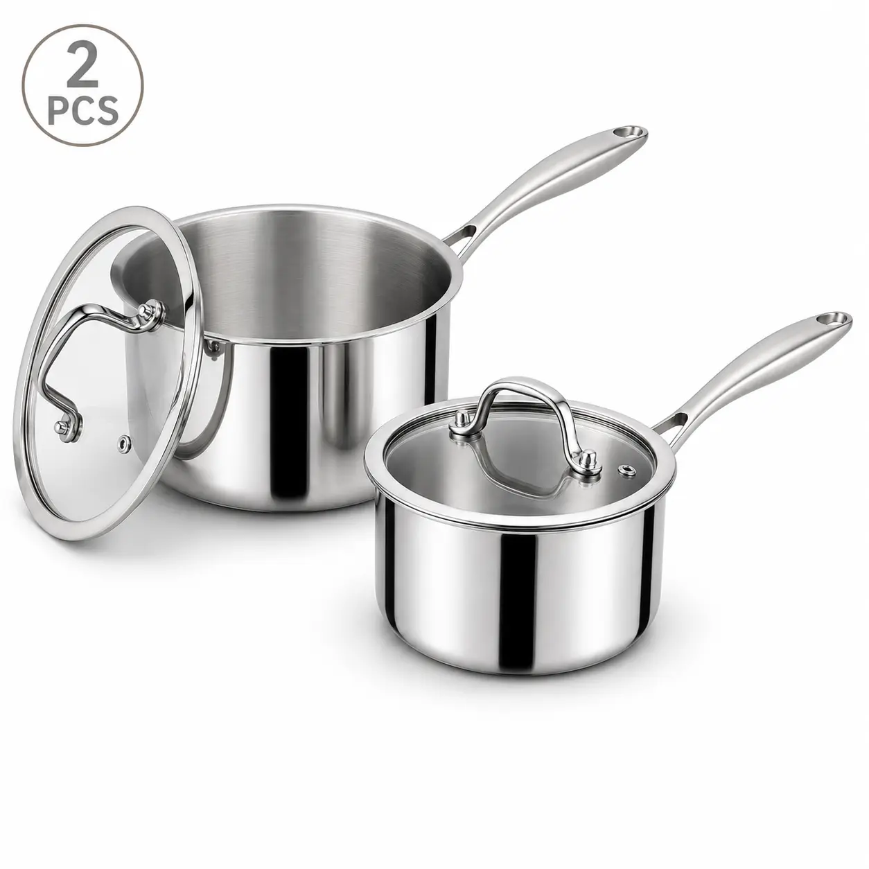 Stainless Steel 2-Piece Small Saucepan Set with Clear Glass Lids, Comfortable Long Handles – Uncoated Thick Iron Cookware for Heating Milk, Simmering Soups, Daily Meals
