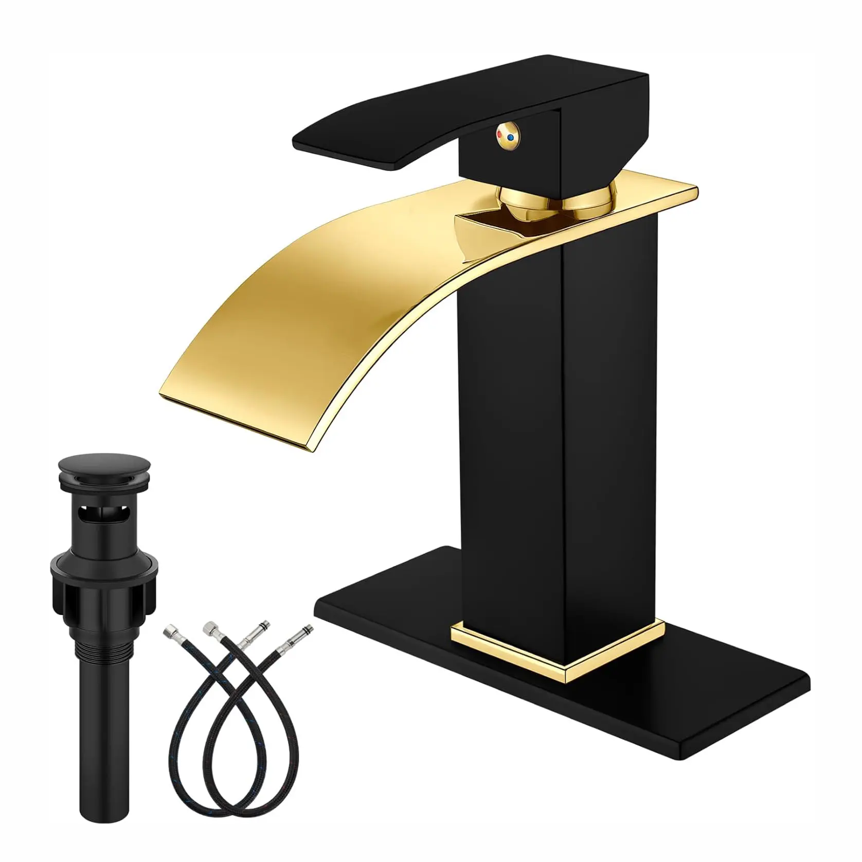 Matte Black & Polished Gold Brass Bathroom Faucet, Commercial Grade Waterfall Spout, Easy Control, 1-Hole Deck Fit, 3-Hole Deck Mount, Pop-Up Drain Included, RV Compatible, Versatile Stainless Steel Body, Durability and Reliability, Manufacturer Warranty