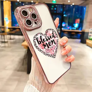 Blessed MOM luxury rhinestone decor phone case for iPhone 17 17air 17pro 17promax 16 15 14 13 12 11 plus pro Max shockproof camera protector full protective cover