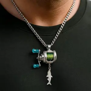 Rotating Mini Fishing Reel Necklace, Realistic Functional Pendant with Moving Line Guide, Metal Finish Unisex Jewelry Accessory, Includes Pendant for Anglers Daily Wear