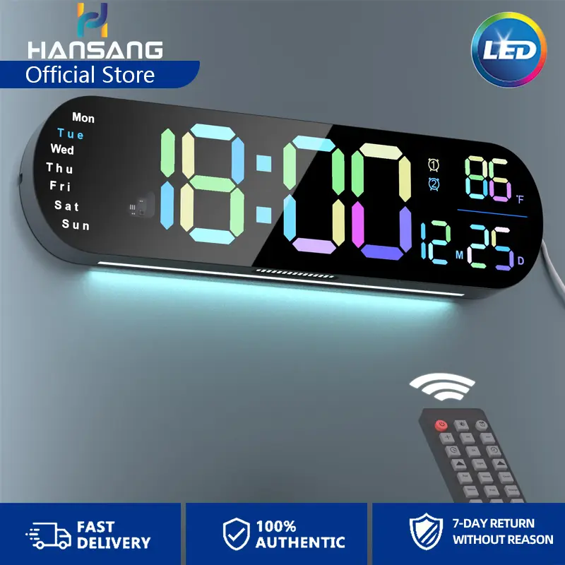 13.7-Inch Wide Digital Wall Mirror Clock with Auto Brightness, Room Temperature & Date Display, Dual Alarm, Timer & Countdown Function for Home Decor