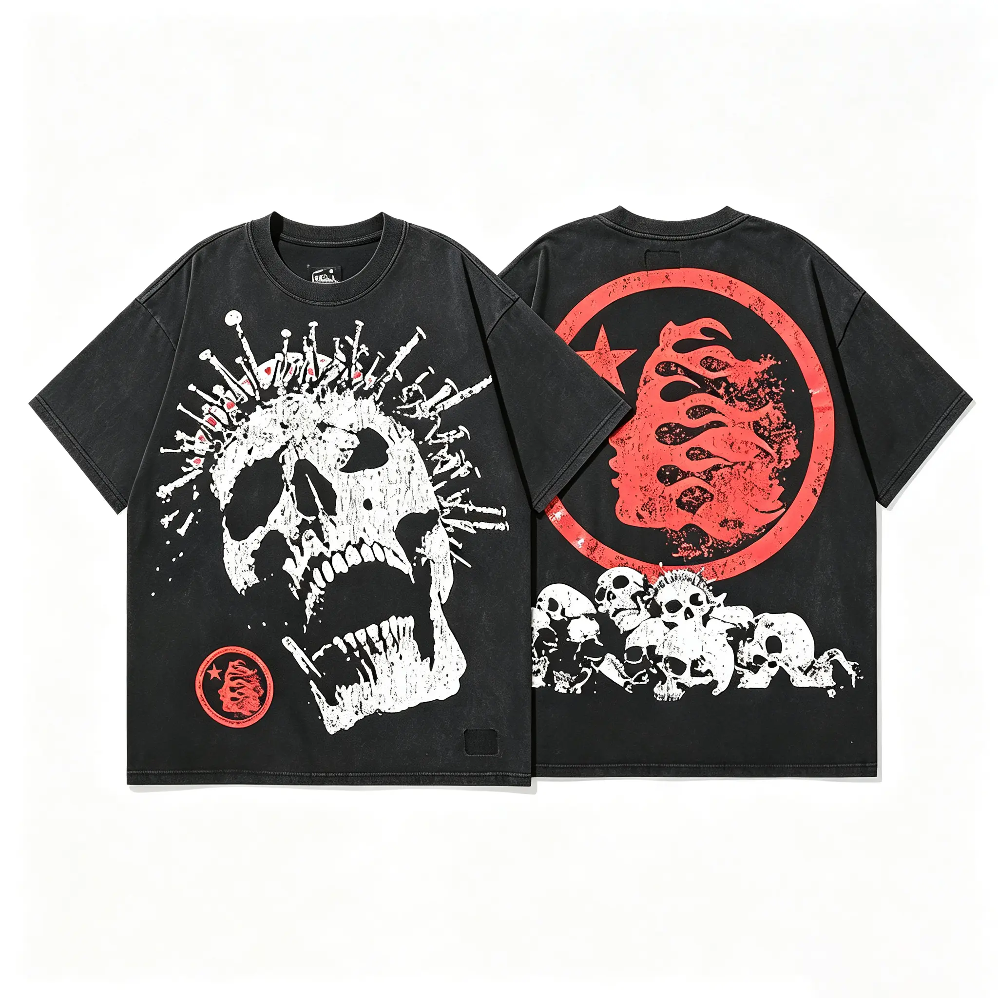Y2K HELLSTAR Unisex Professional Certified Washed Black Punk Skull Graphic Tee Heavyweight Oversized Streetwear T-Shirt