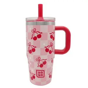 YAYA My First Travel Tumbler for Preschool & Kids 3+, Insulated Stainless Steel Tumbler with Reusable Silicone Straw & Spill-Proof Lid, Cup Holder Compatible, BPA-Free, 12oz, Checkered Cherry