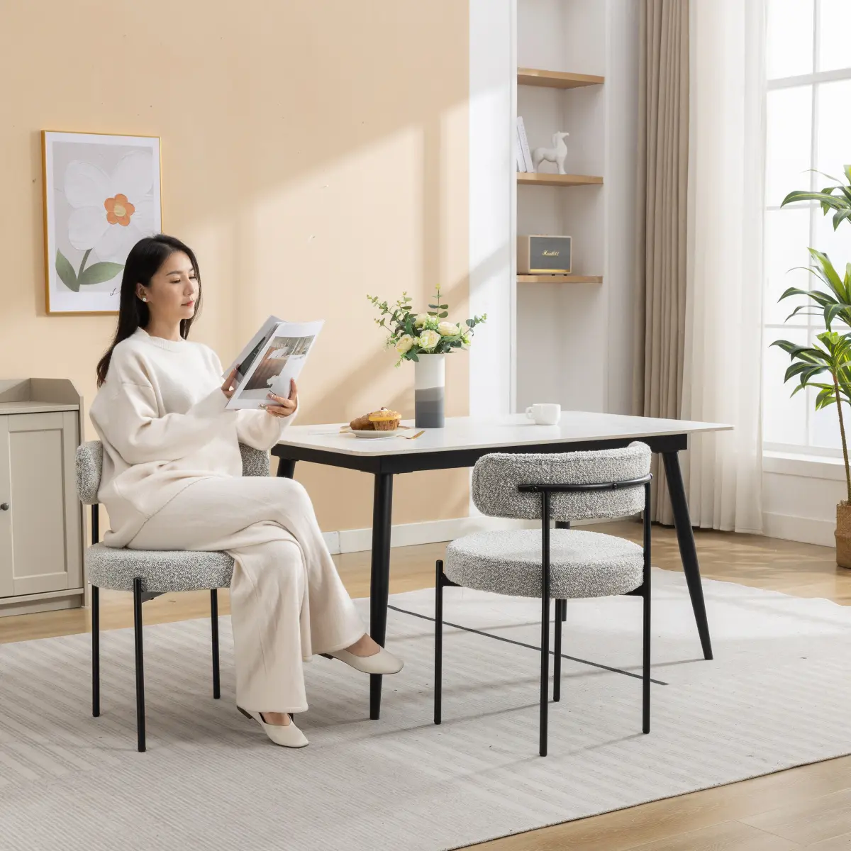 Burbank Modern Round Boucle Dining Chairs (Set of 2) - Black with Looped White Yarn, Semi-Wrapped Curved Durable Design, Iron Legs (Leg Height: 17.25 in), Seat: 20.25w x 20.25d x 19.50h in, Seat Back Height: 10.25 in, 29h in, 16.10 lbs, Assembly Required,