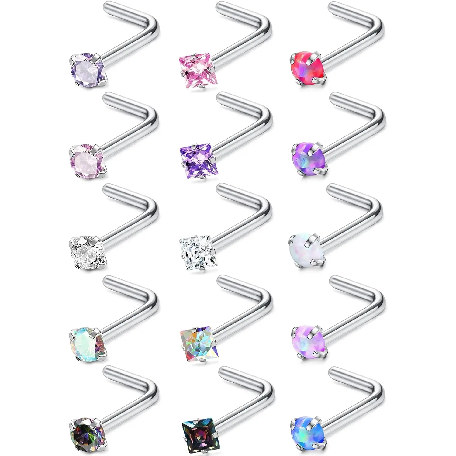 Milacolato Nose Piercings Kit, 15-Pc Style Mix 20G Hypoallergenic Surgical Steel Jewelry - L-Shaped, Screw Ring, Straight Studs with CZ & Opal, Unisex Daily Use, Gift for Friends, Lip Piercing Accessory