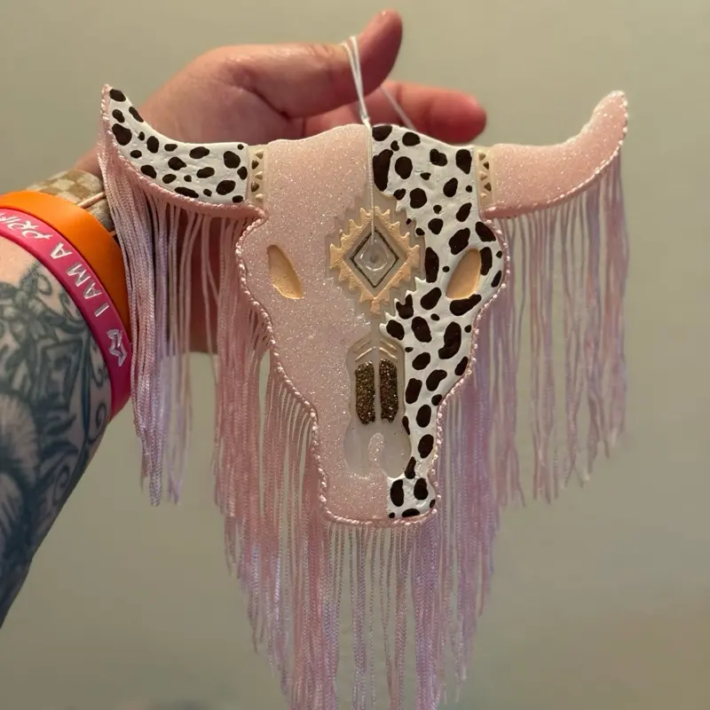 Brown cow print fringe bullskull car freshie
