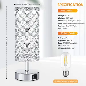 Touch Control Crystal Table Lamp Nightstand Lamps with 2 USB Charging Ports, 3-Way Dimmable, K9 Crystal Decorative Desk Lamp for Bedroom, Girls Guest Room, Living Room, Bulbs Included