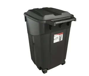 45 Gallon Wheeled Heavy Duty Plastic Garbage Can, Attached Lid, Black