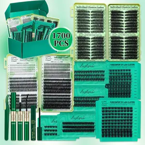 Lashsun 1700PCS D Curl 13 Styles EyeLash Clusters Kit, Bottom/Spiky/Cat/Wispy/Volume DIY Individual Clusters Lash, Eyelash Extensions, Kit with Bond&Seal Remover Tweezers, Perfect for Beginners & Proficient, DIY at Home Easily