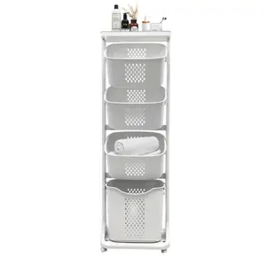 4-Tier Rolling Laundry Hamper Sorter (White) – Removable Baskets, Bathroom Dirty Clothes Organizer