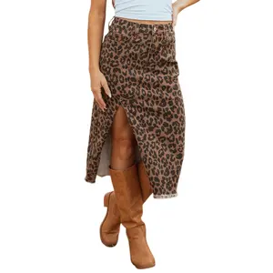 Asvivid Women's Leopard Denim Frayed Split Midi Skirt with Pocket Fashion Outfits with Side Slit Womenswear Fashion Outfits