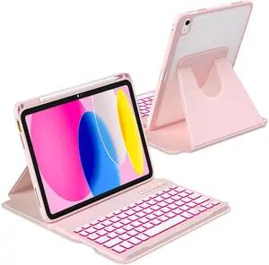 iPad A16 Case with Keyboard Clear, iPad 10th Generation Case with Keyboard, 7 Colors Backlit  | Removable keypad | 360  Rotating | Pencil Stand |