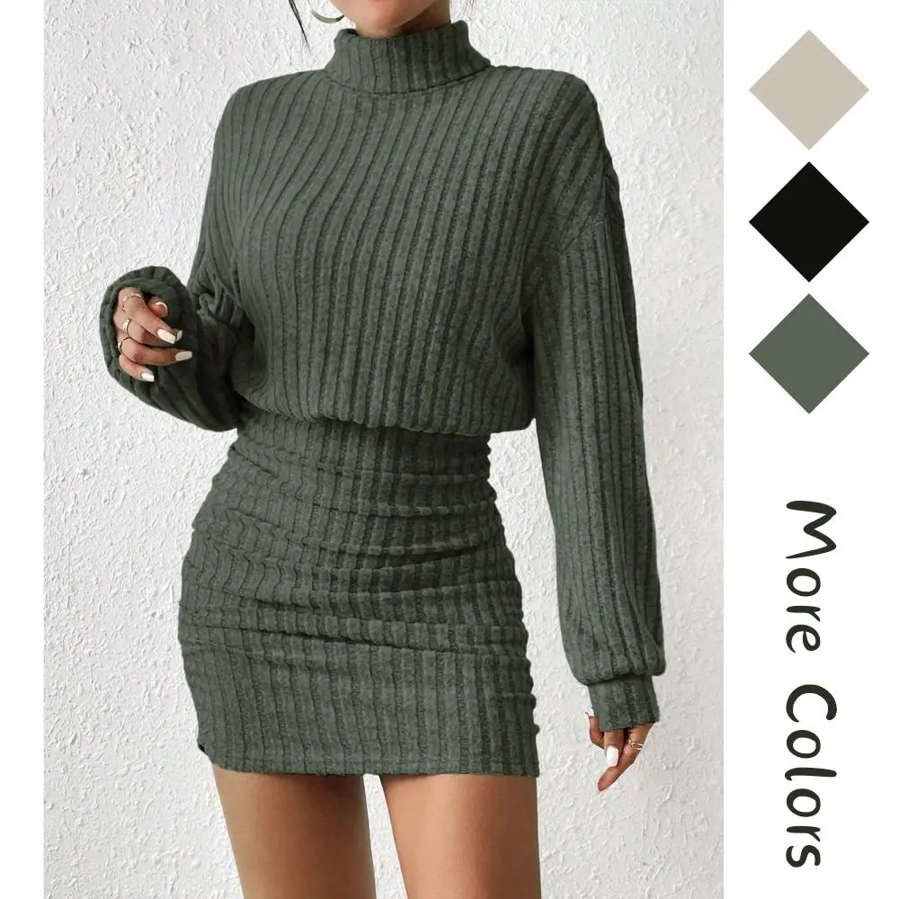 2026 Women's Pullover Sweater Dress Long Lantern Sleeve Turtle Neck Cute Ribbed Knit Bodycon Mini Short Dress Spring Fall