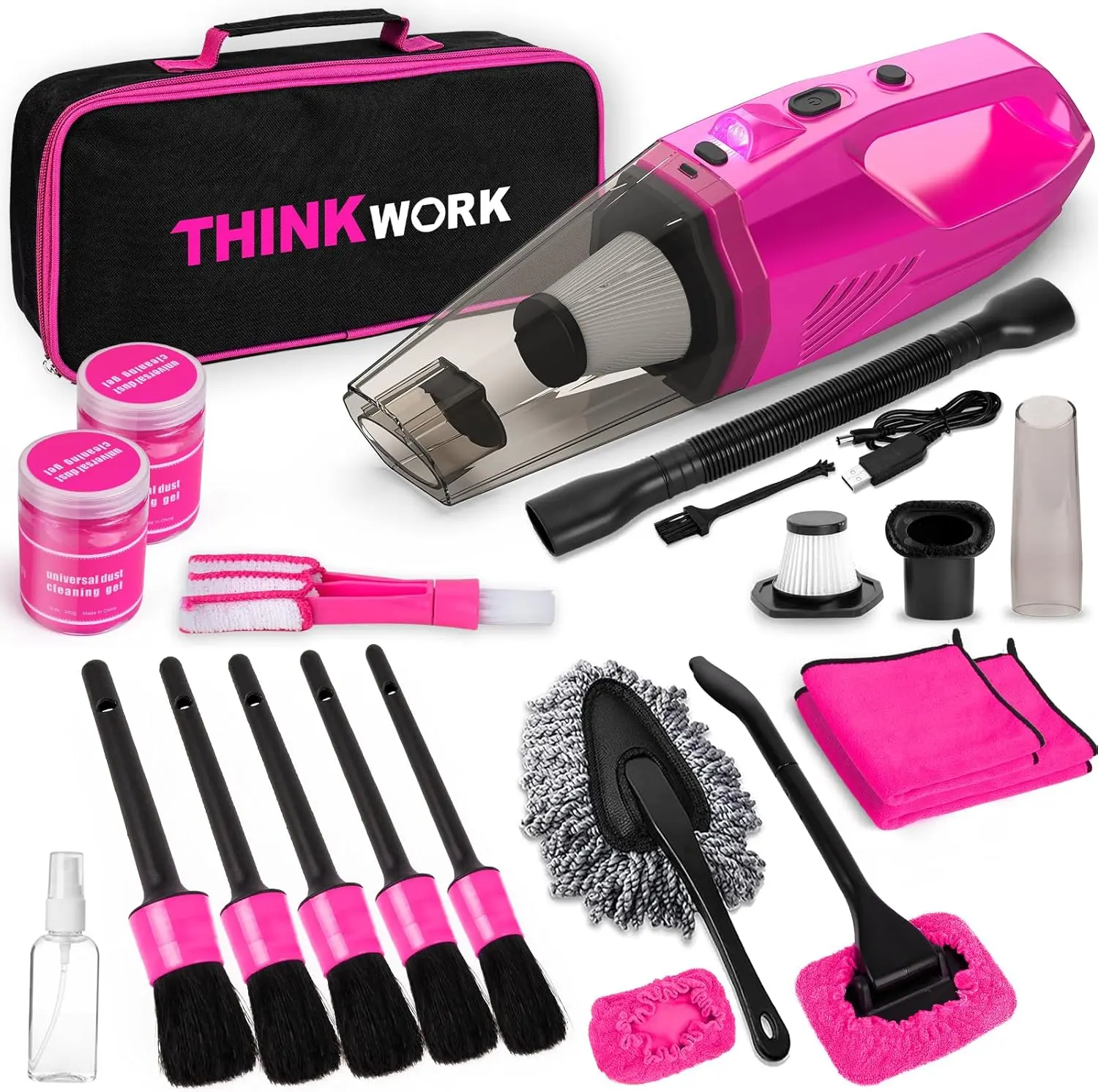 THINKWORK Car Detailing Kit Interior Cleaner with 8000PA Cordless Pink Handheld Vacuum Cleaner & 5 Detailing Brushes for Women's Car Care Gift