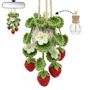 Hanging Car Air Freshener, 12ML Empty Refillable Car Oil Diffuser Bottle with Crochet Strawberry Pot Plant Decor, Car Fragrance, Car Aroma Diffuser, Cute Hanging Car Freshener Diffuser, Crochet Decor for Car Rear View Mirror