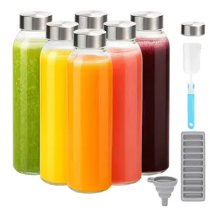6 Pcs Glass Juice Bottles Set, Drinkware, Glass Bottles for Juicing, Beverage Container with Stainless Steel Sealing Cover, Reusable Travel Storage Container, Which Can Be Used for Drinks or Water Such As Juice, Smoothies, Iced Tea, Etc.