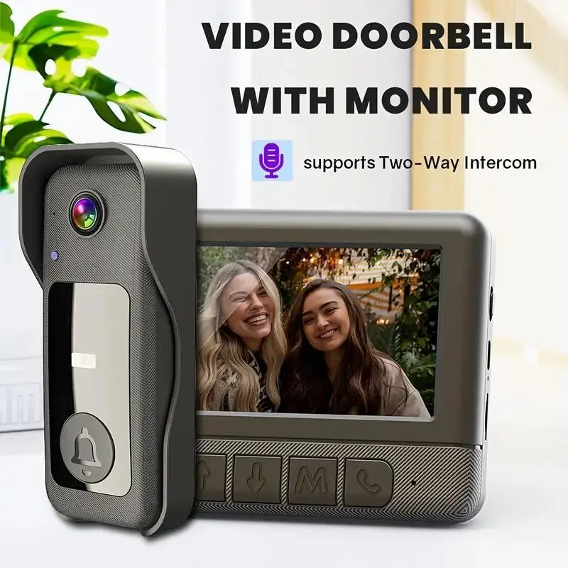 Wireless Smart Video Doorbell, Home Security Doorbell, 4.3" Real-Time Indoor Monitor, No App Needed, Local Recording, Enhanced Night Vision, Two-Way Audio, Home Intercom System, Wall-Mounted, Touch Control, Rechargeable, Elder-Friendly Home Monitoring