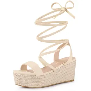 BLISSFUL STEP Women's Lace Up Wedge Heel Platform Slingback Strappy Sandals