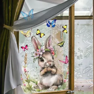 A piece of (30*30cm) rabbit, butterfly and flower static glass sticker, double-sided visible window glass decorative sticker Home Decor DJ7121-YC