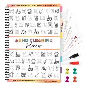 ADHD Cleaning Planner, Dry-Erase Sleeve + Paper Pages, Removable Ring Binder, Daily,Weekly,Monthly Plans, Cleaning Schedule and Checklist, ADHD Planner for Adults Women