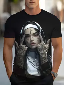 Men's T-shirt | 3D nun print | Casual crew neck | Glossy finish | Short sleeves | Black and white with a colorful design | Machine washable | Unique street style