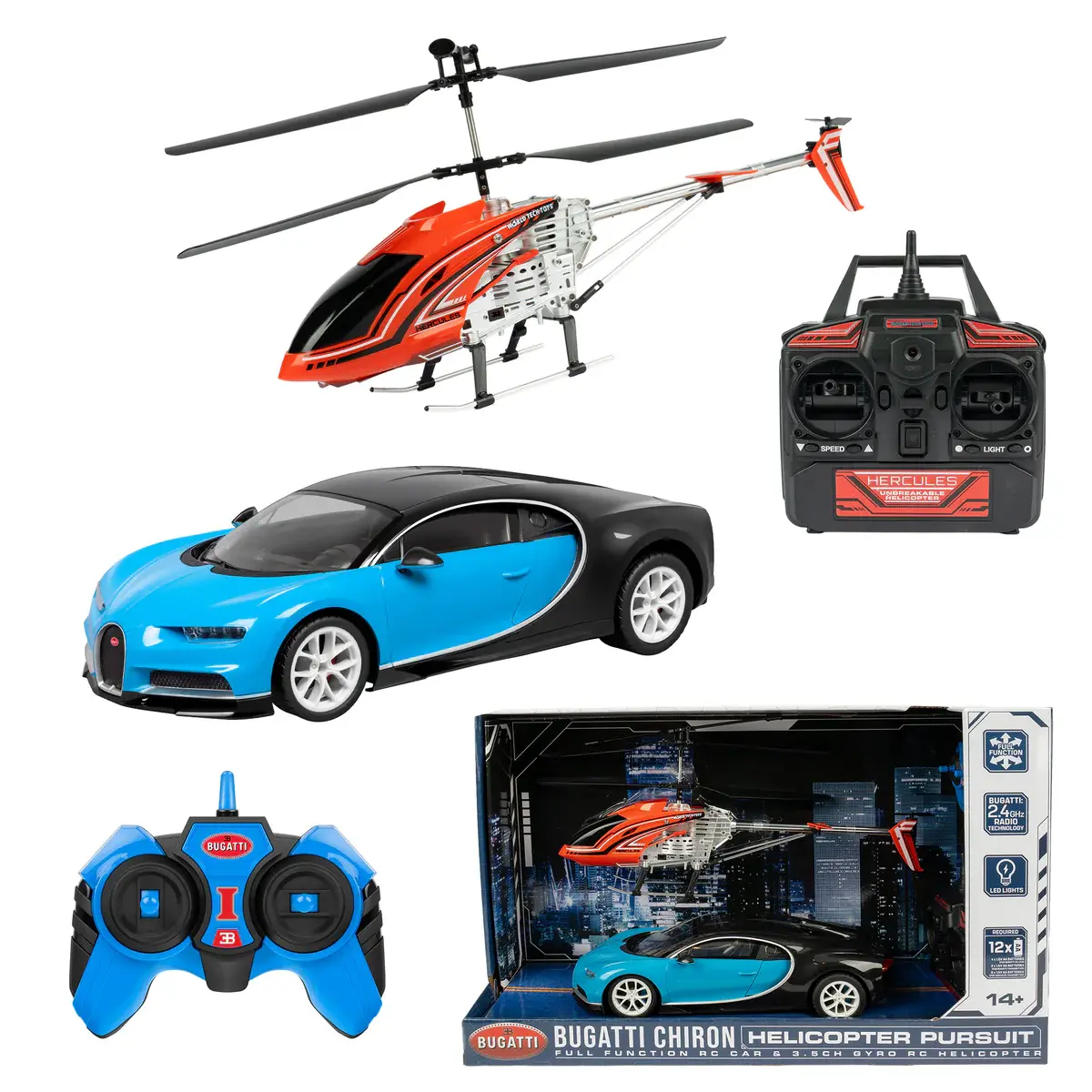 2 pack - Bugatti Chiron RC Car & 3.5 Channel Gyro Helicopter Pursuit Set - Lamborghini Aventador Police and LAPD RC Heli Pursuit RC Set