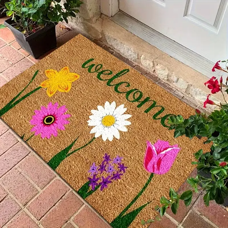 Spring Floral Welcome Mat for Front Door - Colorful Wildflower Non-Slip Dirt-Resistant Outdoor Entrance Rug, Farmhouse Daisy & Tulip Home Decor Rug