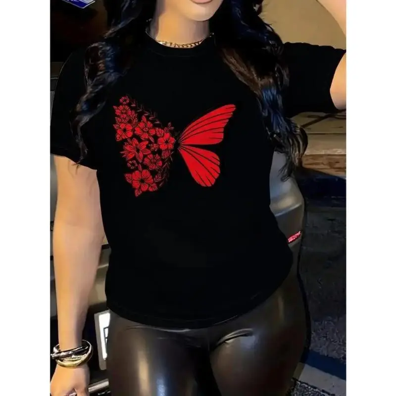 100% T-Shirt for Women - Geometric Butterfly Print Casual Short Sleeve Round Neck Top, All Seasons Machine Washable Women's Clothing graphic t-shirts