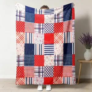 1pc American Flag Patchwork Blanket, USA Patriotic Quilt Pattern Flannel Blanket, Soft and Comfortable Blanket, Red White Blue Design Blanket, Suitable for Sofa Bed Decoration, Gift, Birthday Present 50"x60"