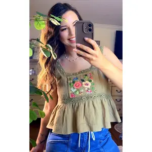 Square Neck Pearl Detail Floral Tank