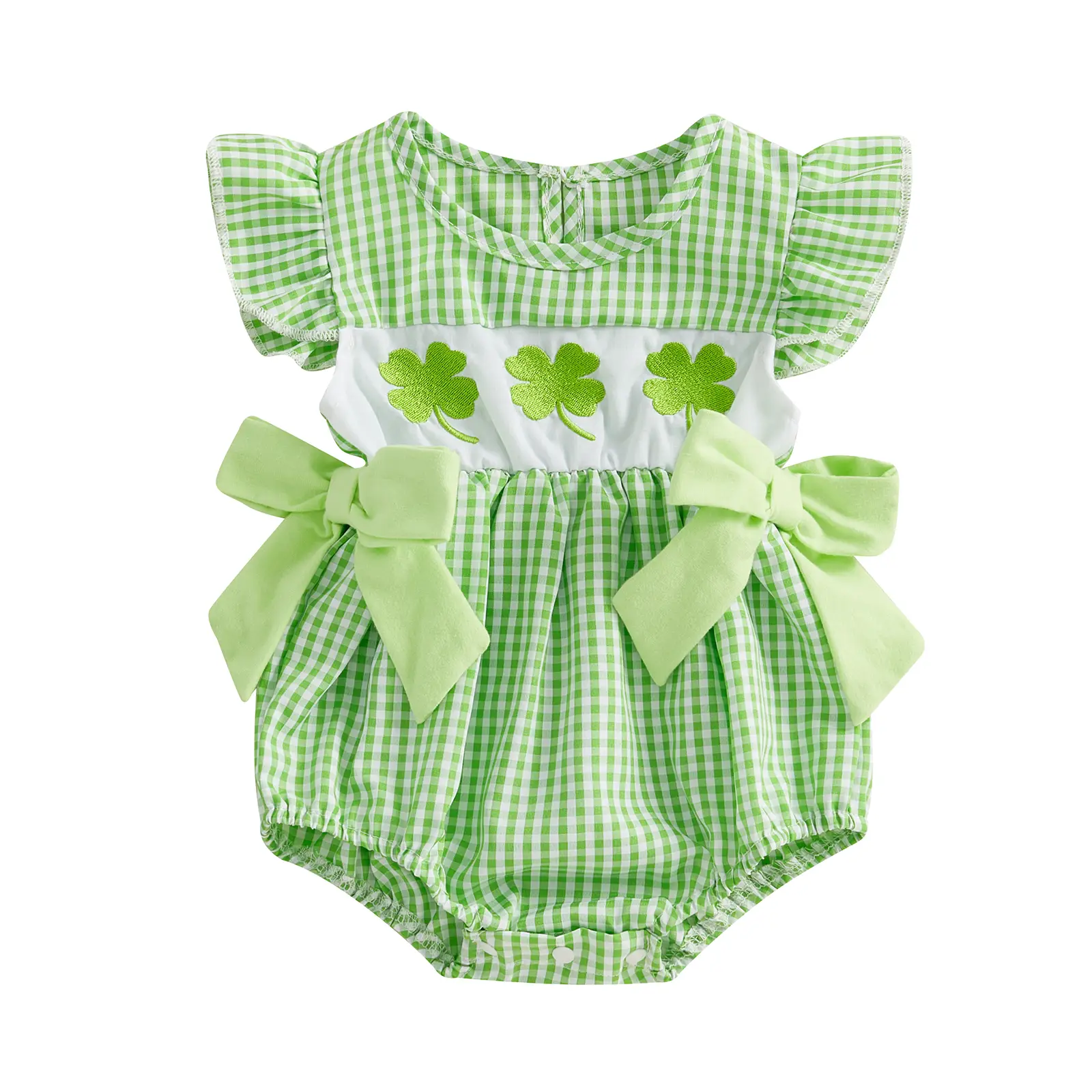 St Patricks Day Baby Girl Outfit Infant Smocked Bubble Romper Newborn Plaid Bodysuit Cute Toddler Girl Summer Clothes