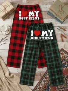 Couple Plaid Matching Home Pants Set, Casual Christmas Sleepwear, Soft Grid Fabric, Comfortable Elastic Waist, Bold Romantic Print