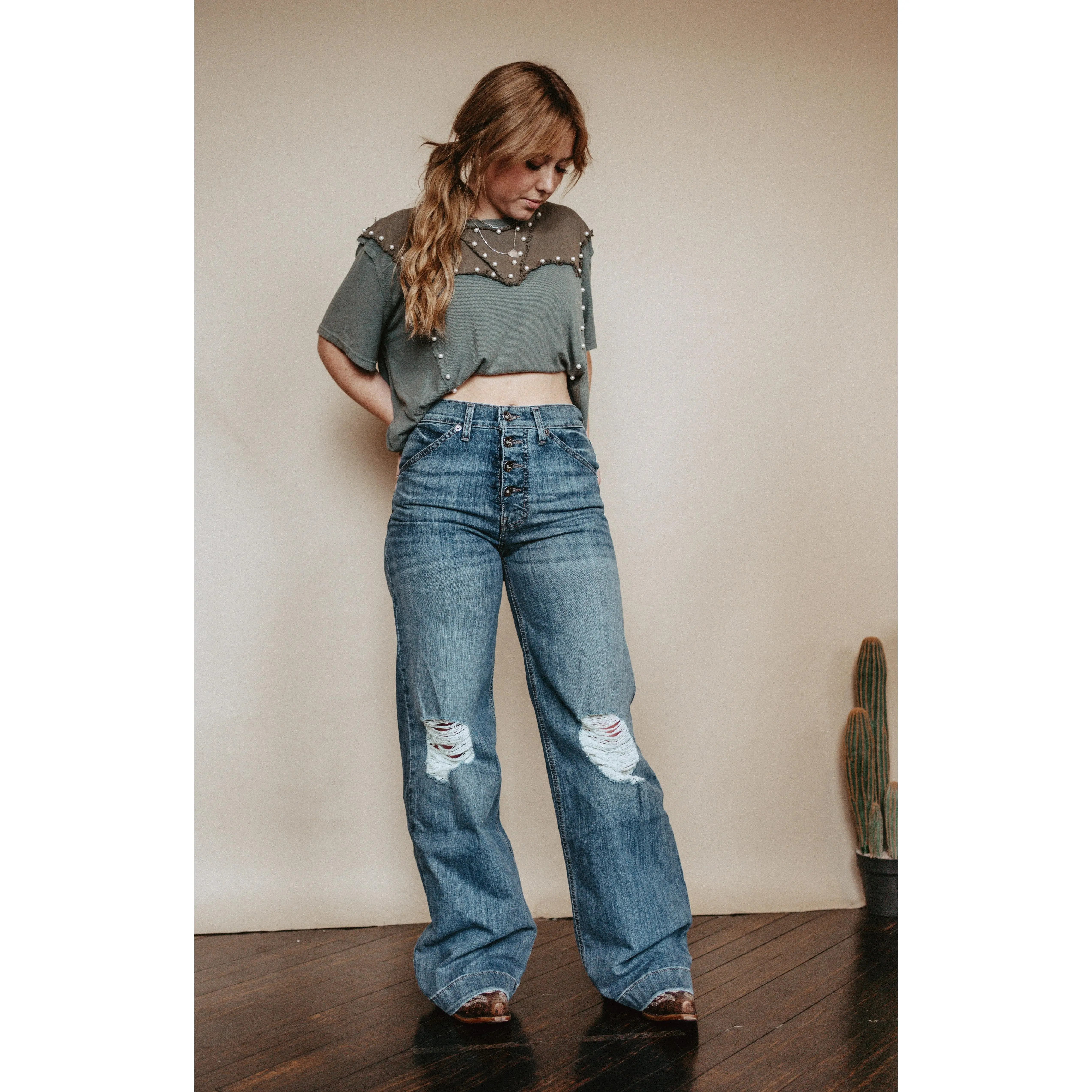 Women's Skylar High-Waisted Wide Leg Bell Bottom Jeans - Medium Stonewashed Stretch Denim, Casual Full-Length Flared Trousers