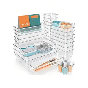 14pcs Clear Plastic Drawer Organizer Set, 4 Sizes Desk Drawer Divider Organizers,Vanity, Storage Bins For Makeup, Jewelry, Gadgets For Bedroom, Bathroom, Office,Gifts For Women