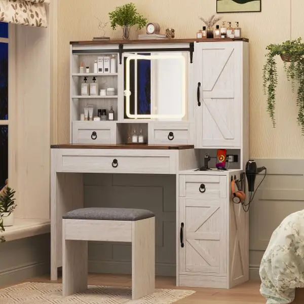 【Bellemave】 Farmhouse Vanity Desk with Sliding Mirror and Lights, Vanity Set with Glass Top and Charging Station ,Dressing Table with 4 Drawers and 2 Cabinets, Dressing Table with Stool for Bedroom,