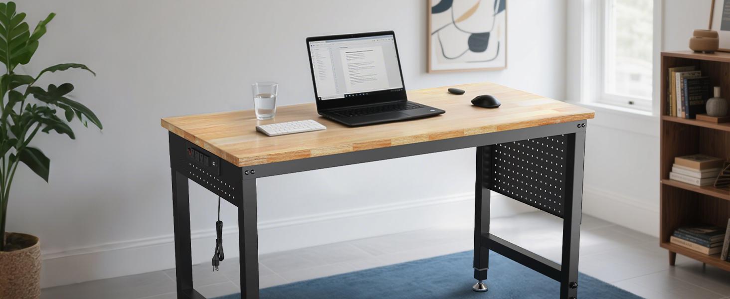 CAMMOO 47.64" Adjustable Heavy Duty Workbench, 2000 LBS Load Capacity Rubber Wood Work Table with Pegboard, Power Outlets, Work Bench for Garage, Workshop, Office, Home, Commercial