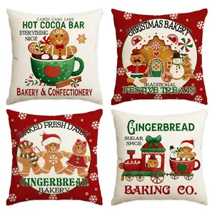 4pcs Christmas Pillow Cover, Christmas Gingerbread Man, Snowman Gingerbread House Christmas Candy Printed Sofa Decorative Cushion Cover, Cushion Slipcovers, for Christmas Party Decoration Room Living Car Seat Decorative Pillow Cover (No Pillow Core
