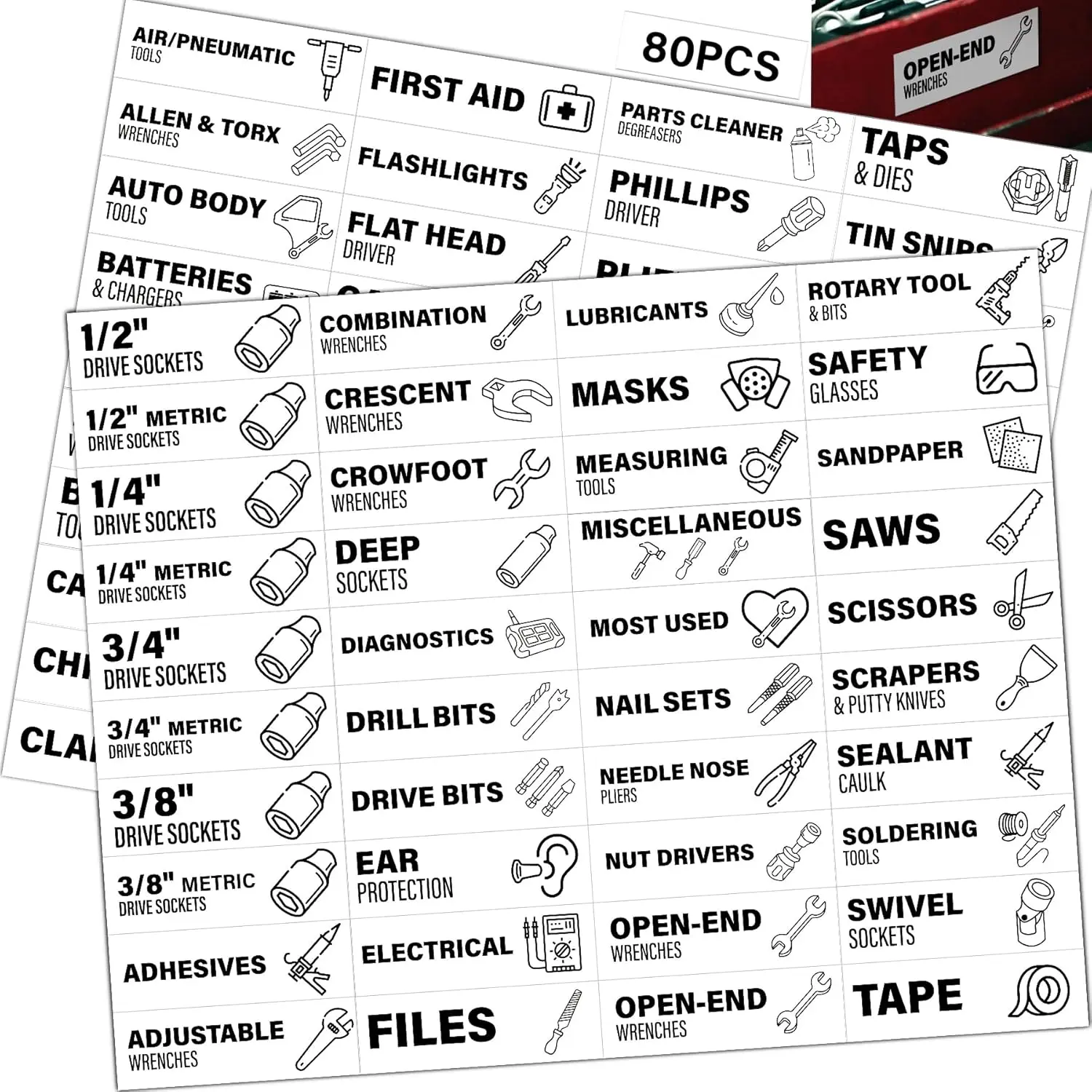 Tool Organizer Stickers - 80 Pcs Waterproof Tool Box Label Stickers, Toolbox Drawer Labels for Garage Storage, Socket Wrench Identification for Garage, Workshop, and DIY Projects 3.1x1 Inch, White