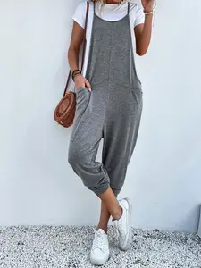 Plus Solid Dual Pocket Keyhole Neckline Cami Jumpsuit Without Tee, Casual Sleeveless Jumpsuit For Spring & Summer & Fall, Women's Clothes For Daily Wear
