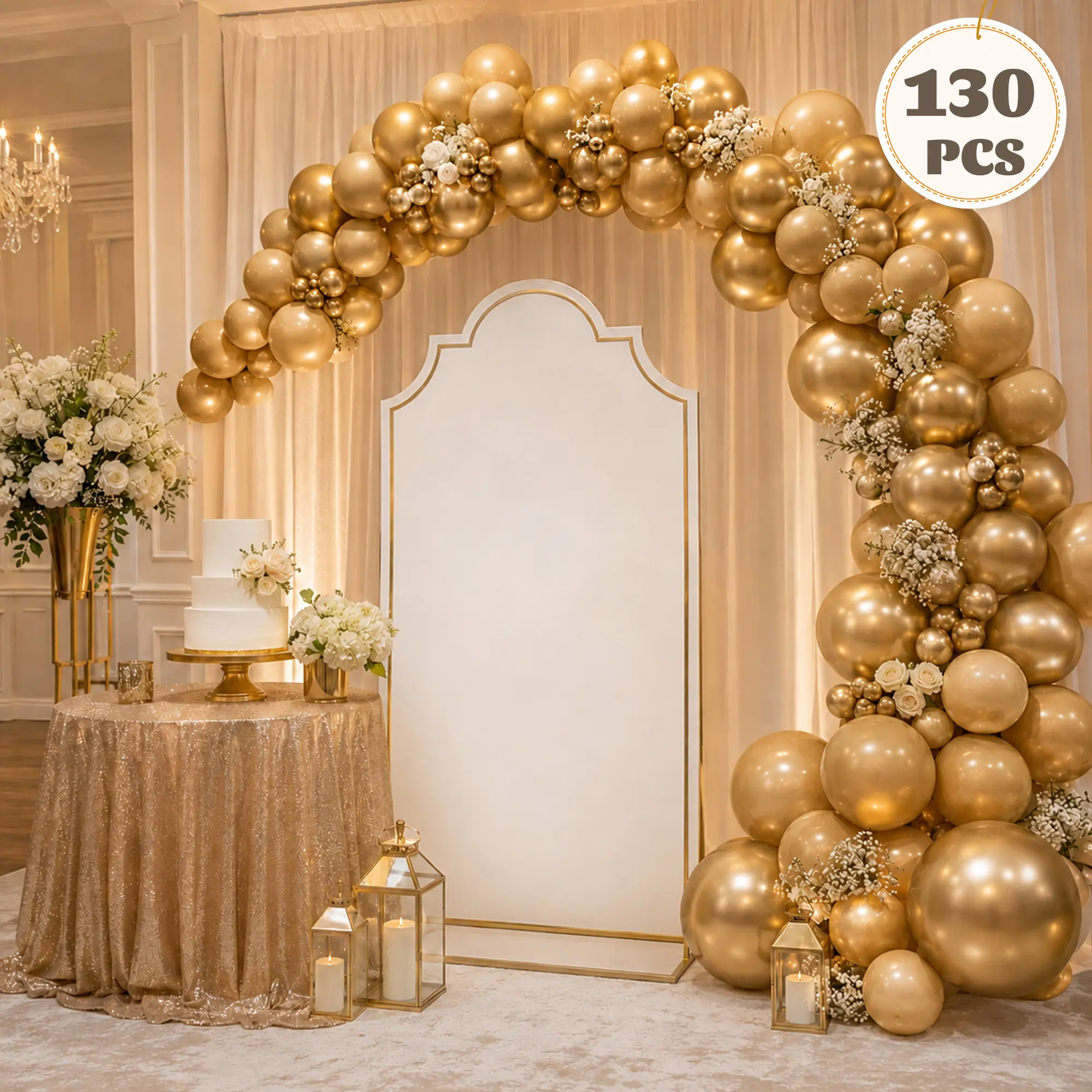 JOYYPOP 130-Piece Metallic Gold Blow-Up Balloon Garland Kit, 5/10/12/18-Inch Assorted Sizes, Full Longevity Balloon Decor for Christmas, Wedding Party (Home & Festive Supplies)