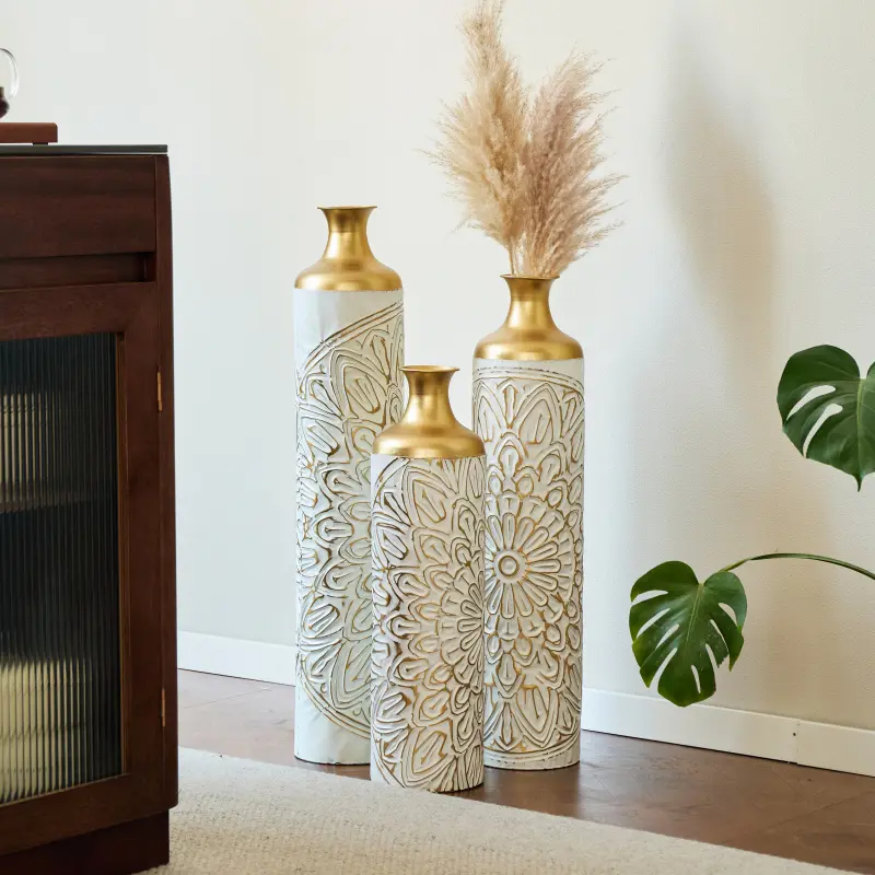 3-Pieces Modern Droplet-Shaped White Glazed Metal Floor Vase Set, Decorative Large Indoor Furniture Accent for Home Decoration, Modern Plant Vase, Luxurious Centerpieces Vases