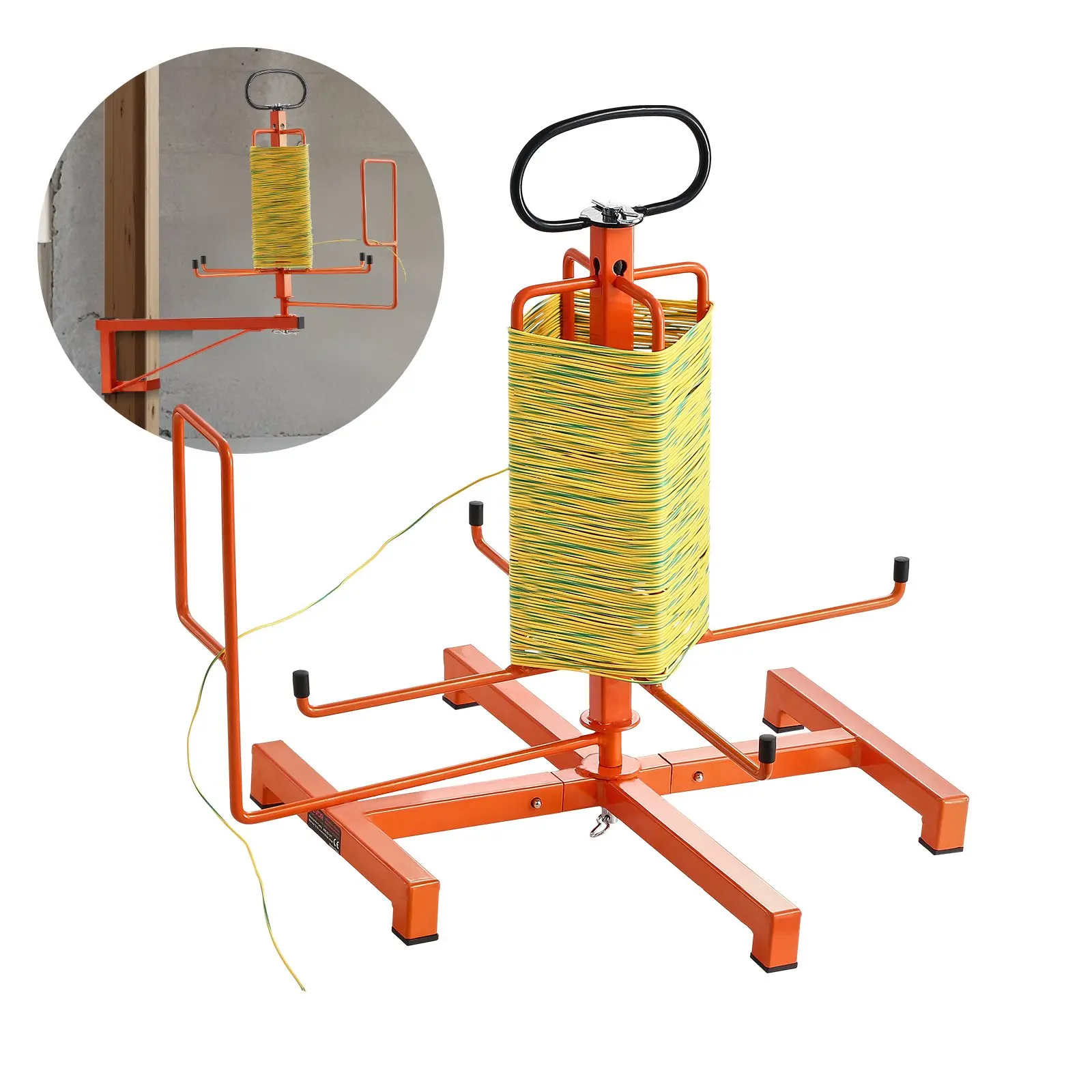 VEVOR Floor-Standing or Stud-Mounted Cable Dispenser, 19.49x18.31x19.29 in/27.76x17.13x22.24 in Sizes, 50 lbs Wall Capacity 9.37 lbs Unit Weight, Portable Wire Spool Rack with Anti-Slip Metal Handle, Swivel Eyelet for Electrical Use, Industrial, Retail, F
