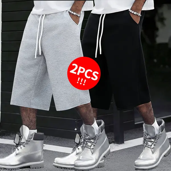 2-Pack Summer Men’s 3/4 Shorts – Loose Fit Plus Size Athletic Joggers, Casual Versatile Drawstring Wide-Leg Pants