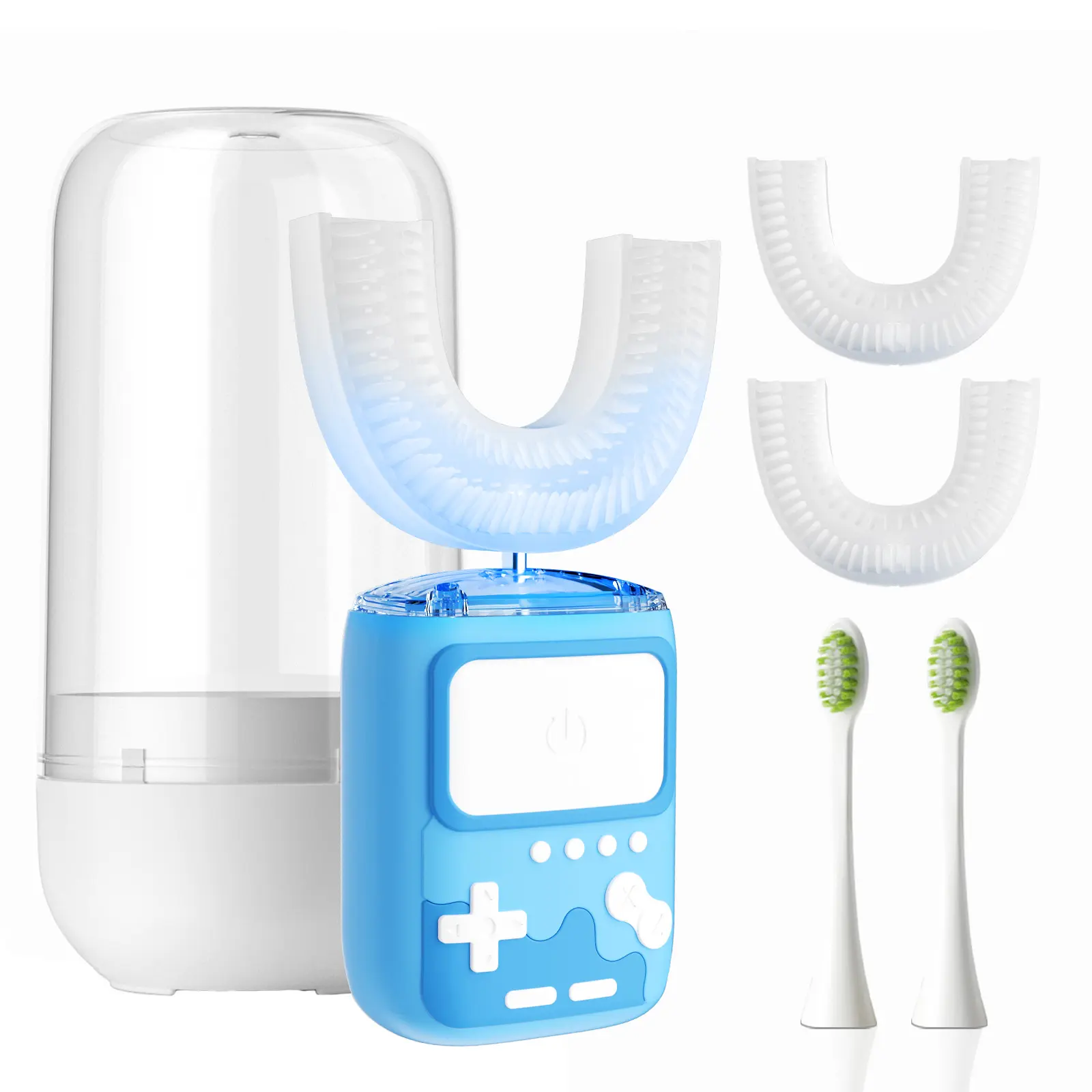 YEKLIKE Adult Ultrasonic Electric Toothbrush, 360° Cleansing for Stain Removal & Whitening, IPX7 Waterproof Rechargeable, Multiple Heads (3 U-Shape + 2 Straight Handle) + 2 Storage Cups, Daily Oral Care Tool