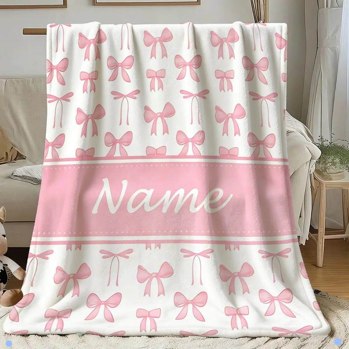 1pc Custom Name Flannel Pink Beautiful Bow Personalized Blanket, with Exclusive Name Customization. Pink Bow Pattern Gift, Soft Warm Nap Blanket, Versatile for Sofa, Office, Camping, All-Season, High-Quality Durable Material, Comfortable Home Item