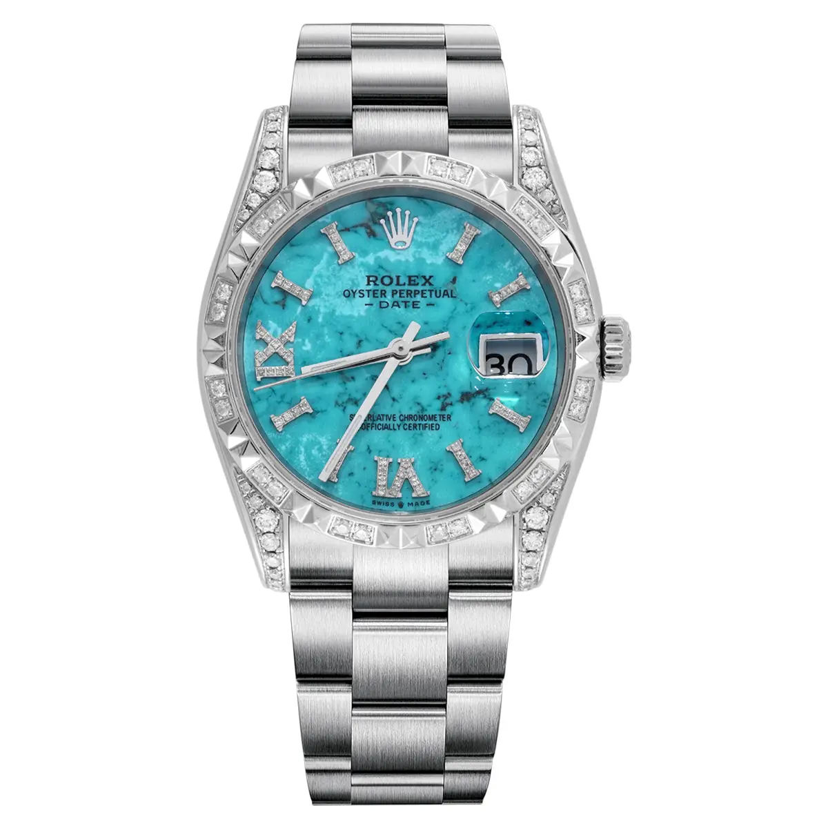 Rolex Oyster Perpetual Date 15200 34mm Automatic Turquoise Green Dial Stainless Steel Watch with Aftermarket Diamond Bezel WHT032767